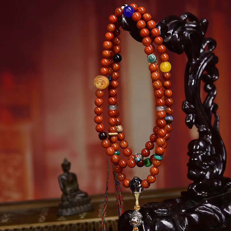Natural Red Agate Tibetan Necklace with Dzi Beads and Wealth God Cloud Charm - ZENHIMA