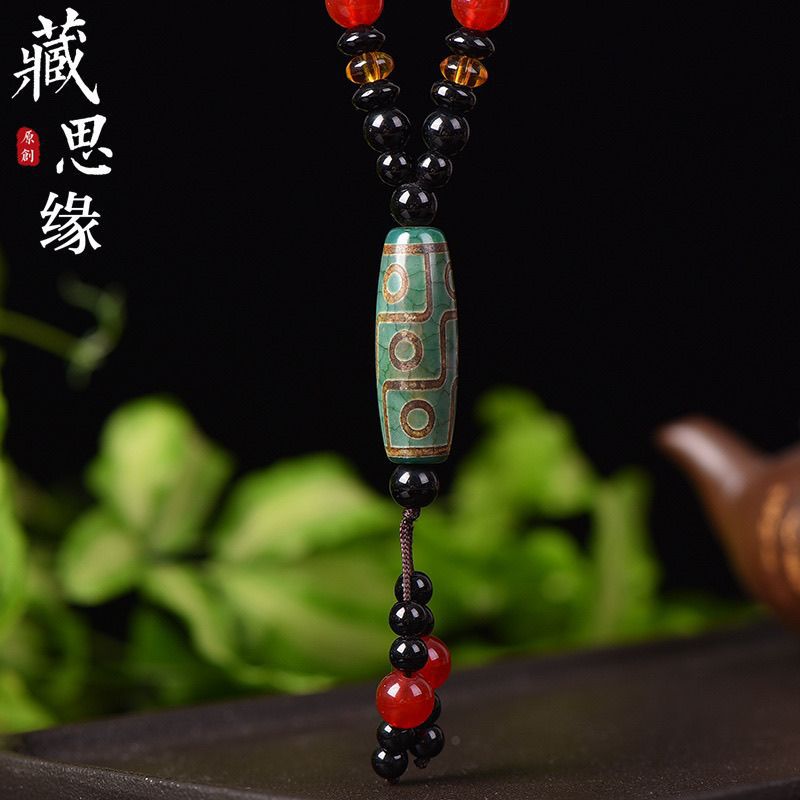 Natural Tibetan Wealth God Dzi Bead Necklace with Agate for Men - ZENHIMA