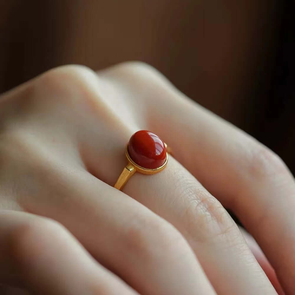 Women’s South Red Agate (Nanhong) Adjustable Ring – Chinese Zodiac Inspired, Pigeon Egg Style - ZENHIMA
