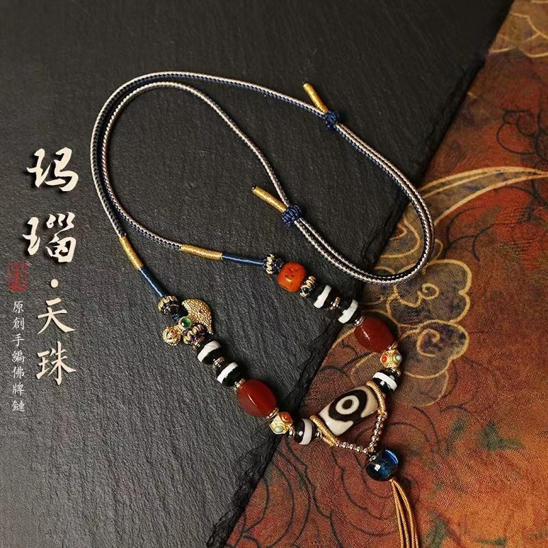 Tibetan Ethnic Style Handwoven Necklace Cord with Agate and Amber Dzi Beads - ZENHIMA
