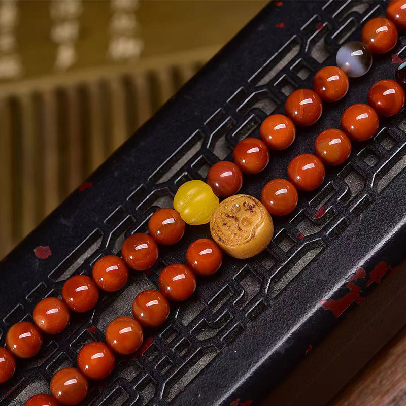 Natural Red Agate Tibetan Necklace with Dzi Beads and Wealth God Cloud Charm - ZENHIMA