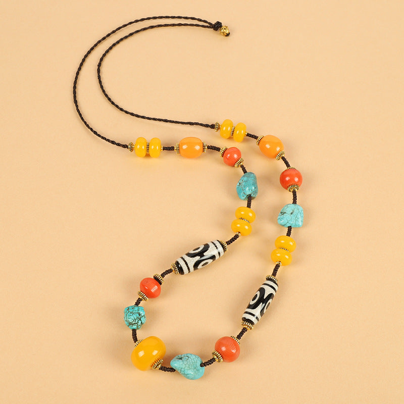 Tibetan Dzi Bead Necklace with Turquoise and Coral – Unisex Tibetan Accessory - ZENHIMA