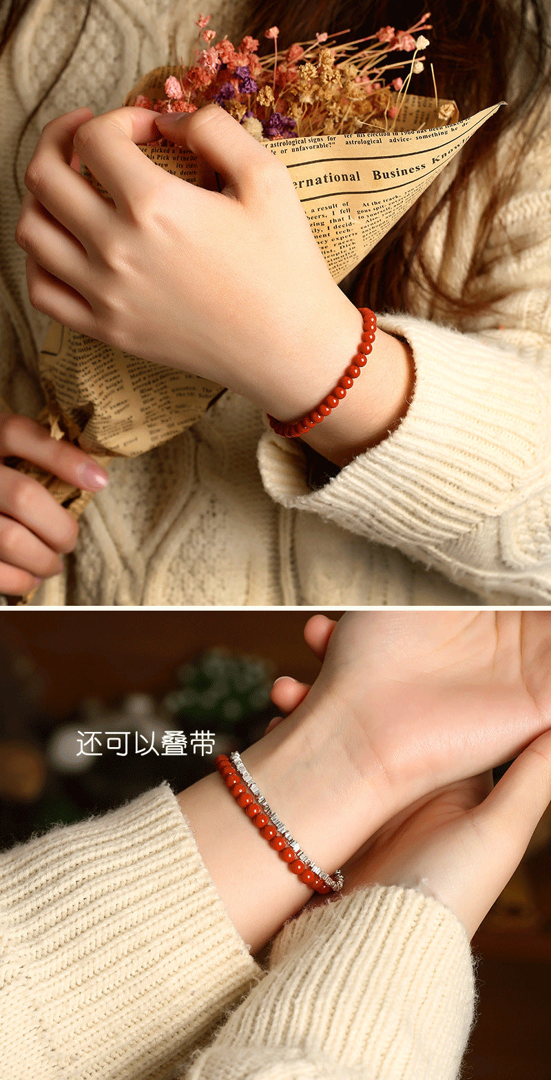 Natural Liangshan Nanhong Agate Single-Strand Bracelet – Small Beads, Cherry Red, Unisex - ZENHIMA