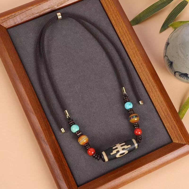 ZenHima Tibetan Agate, Turquoise, and Amber Dzi Bead Necklace - ZENHIMA