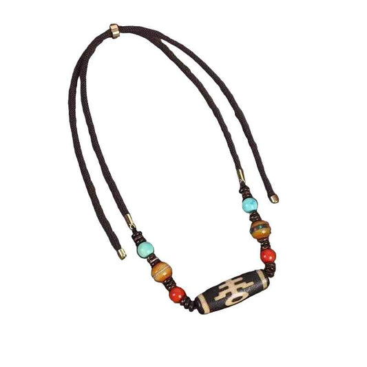 ZenHima Tibetan Agate, Turquoise, and Amber Dzi Bead Necklace
