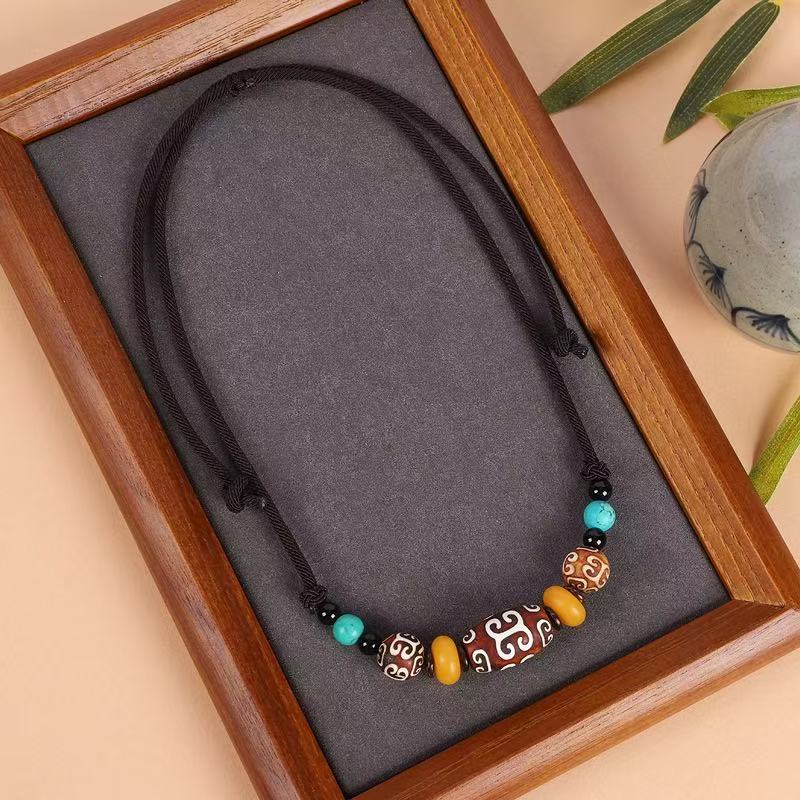 ZenHima Tibetan Agate, Turquoise, and Amber Dzi Bead Necklace - ZENHIMA