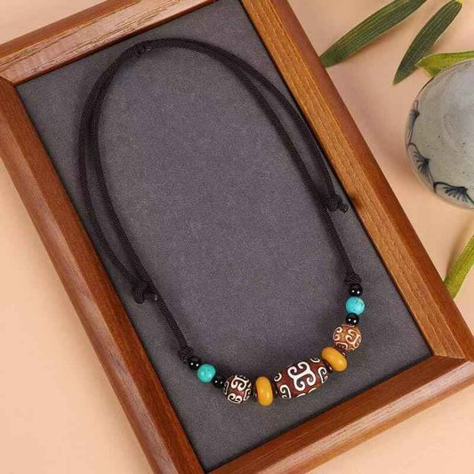 ZenHima Tibetan Agate, Turquoise, and Amber Dzi Bead Necklace