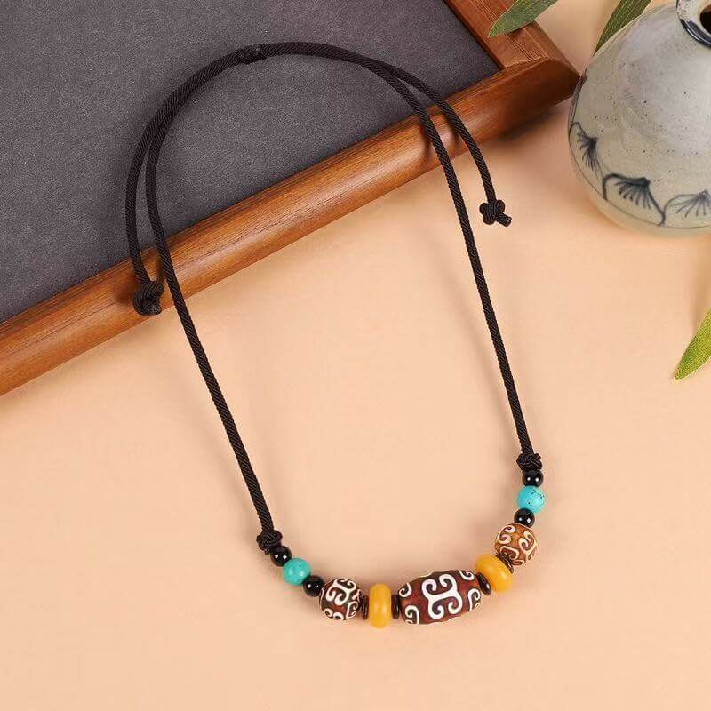 ZenHima Tibetan Agate, Turquoise, and Amber Dzi Bead Necklace - ZENHIMA