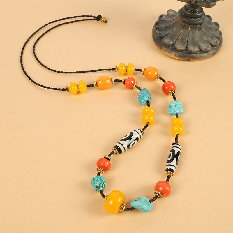 Tibetan Dzi Bead Necklace with Turquoise and Coral – Unisex Tibetan Accessory - ZENHIMA