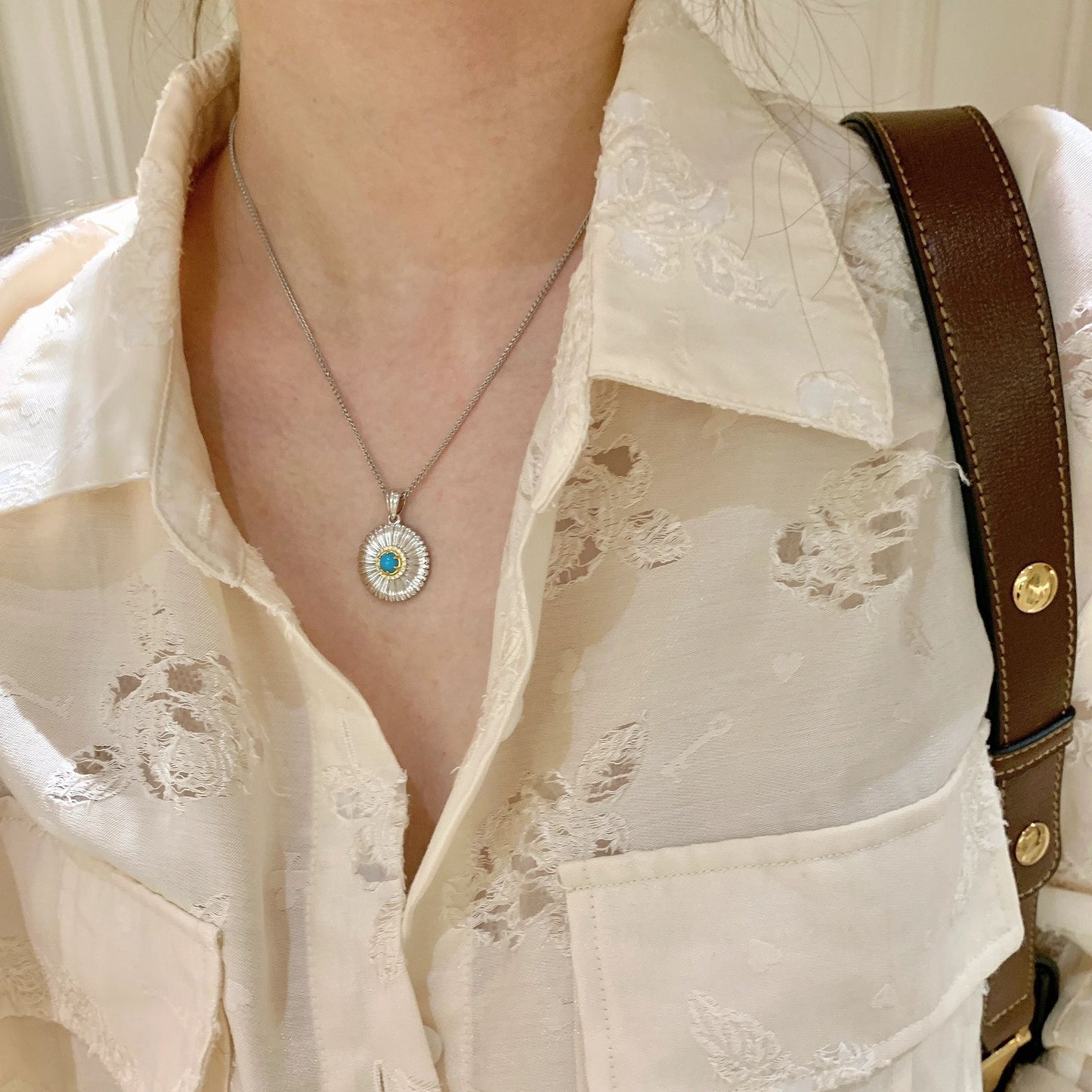 S925 Silver Pendant Necklace with Daisy and Turquoise - ZENHIMA