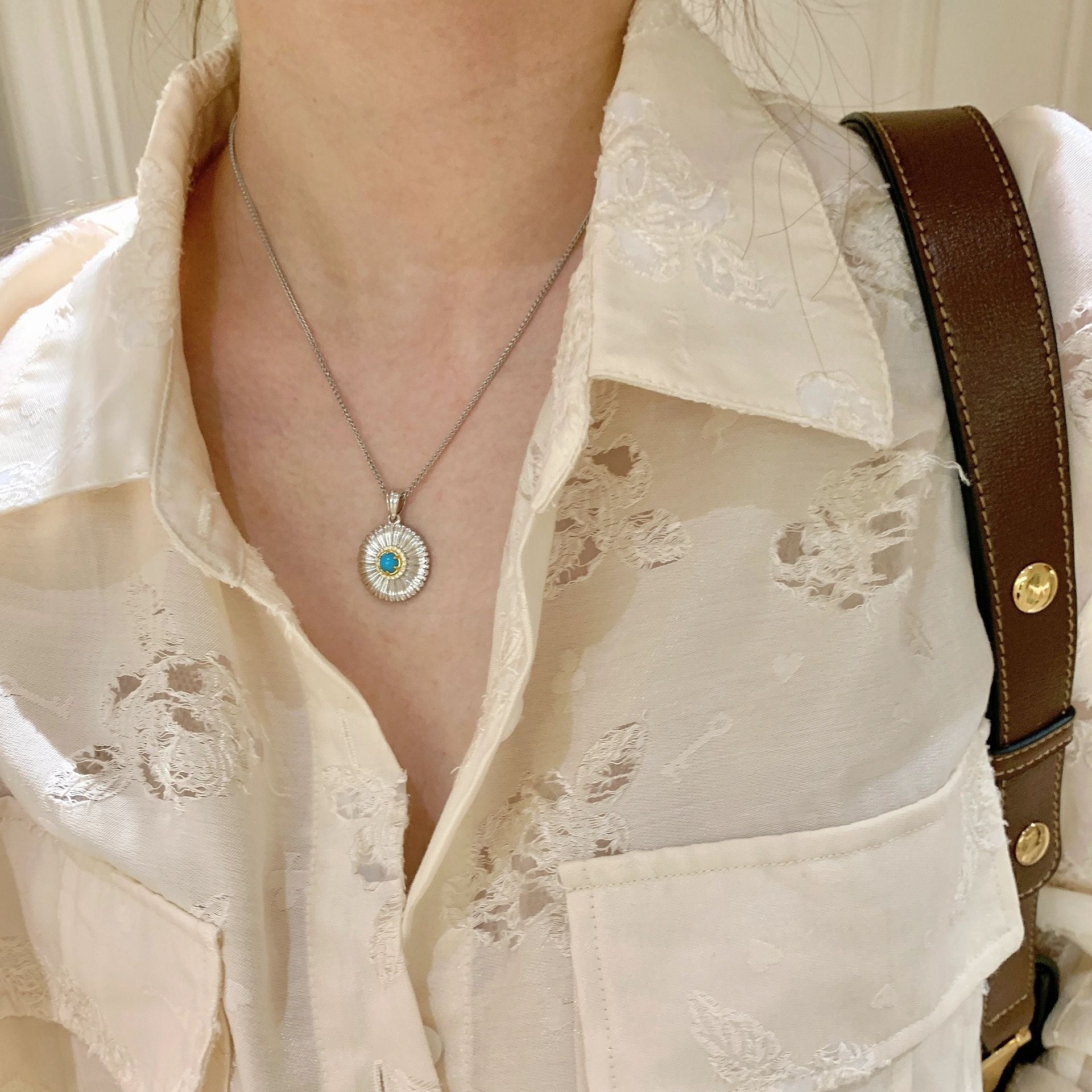 S925 Silver Pendant Necklace with Daisy and Turquoise - ZENHIMA