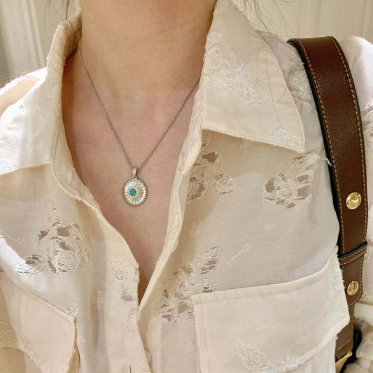 S925 Silver Pendant Necklace with Daisy and Turquoise - ZENHIMA