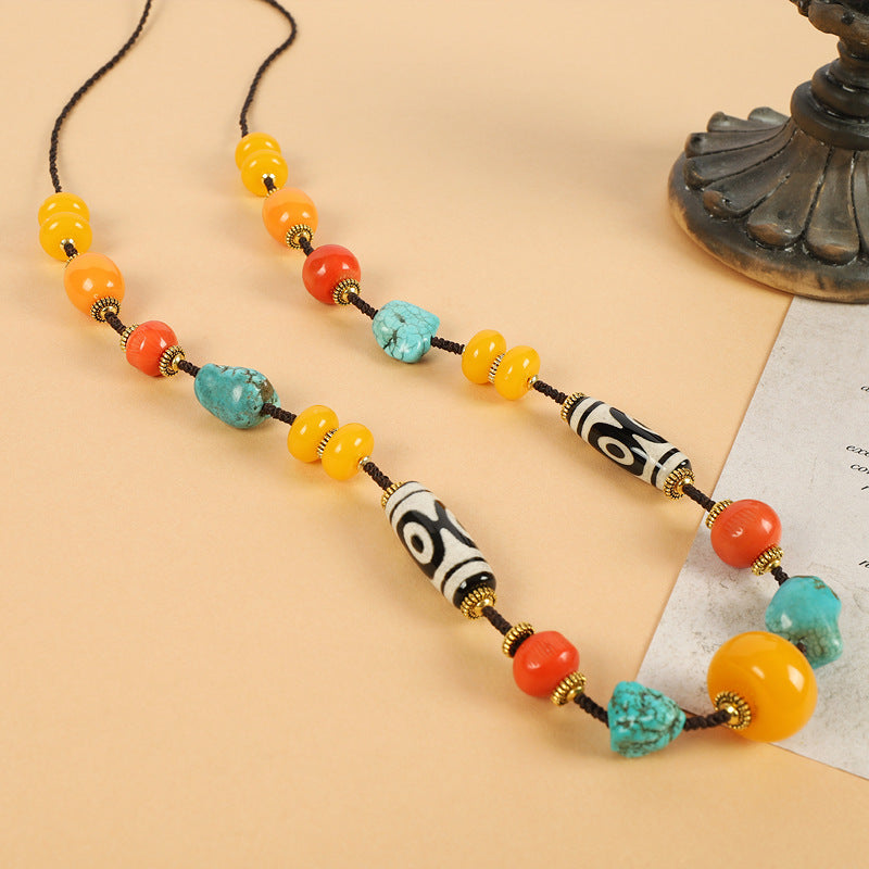Tibetan Dzi Bead Necklace with Turquoise and Coral – Unisex Tibetan Accessory - ZENHIMA