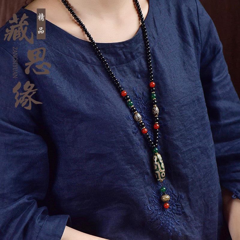 Tibetan Nine-Eyed Dzi Bead Pendant with Prayer Beads - ZENHIMA