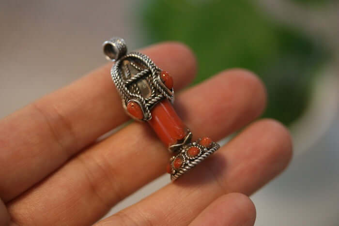 Tibetan Handmade Gau Box Pendant Necklace with Turquoise, Ruby and Silver - ZENHIMA