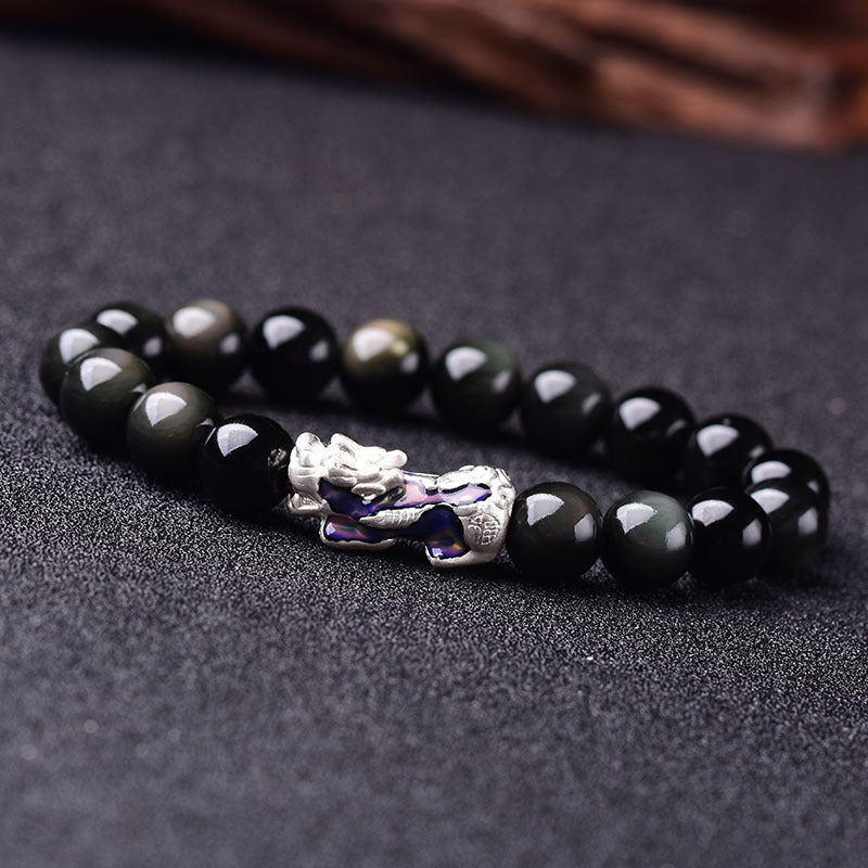 ZenHima Tibetan Black Obsidian & Crystal Pixiu Bracelet – 99 Silver Spiritual Mala - ZENHIMA