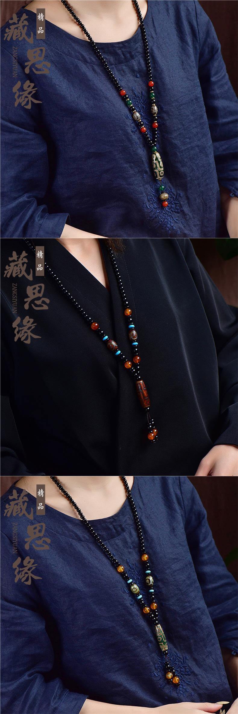 Tibetan Nine-Eyed Dzi Bead Pendant with Prayer Beads - ZENHIMA