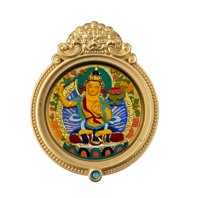 ZenHima Hand-painted Zakiram White Tara Mahasthamaprapta Yellow Wealth Rubbing Thangka Pendant - ZENHIMA