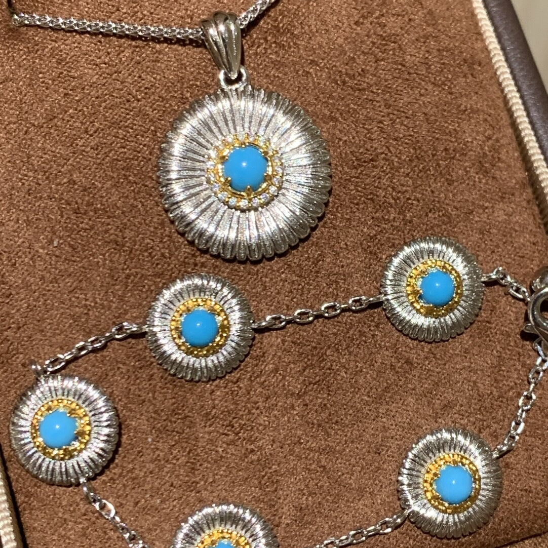 S925 Silver Pendant Necklace with Daisy and Turquoise - ZENHIMA