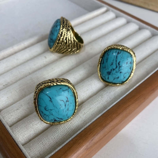 Turquoise and Pink Stone Vintage-Style Gem Ring - ZENHIMA