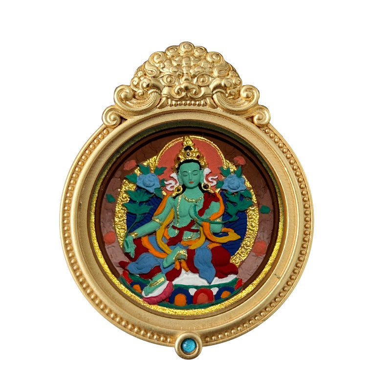 ZenHima Hand-painted Zakiram White Tara Mahasthamaprapta Yellow Wealth Rubbing Thangka Pendant - ZENHIMA