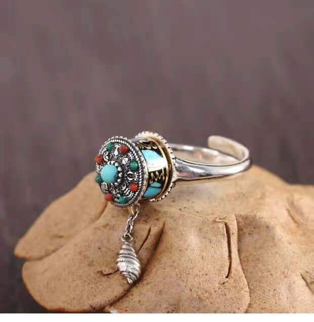 ZenHima Vintage Ethnic Six-Word Mantra Prayer Wheel Silver Ring - ZENHIMA