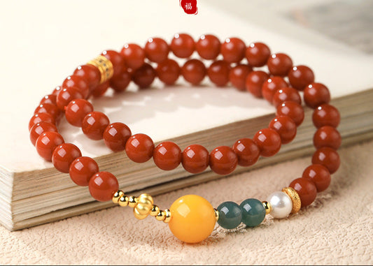 Natural Nanhong Agate Double-Strand Bracelet with Amber & Blue Jade Fortune Beads - ZENHIMA