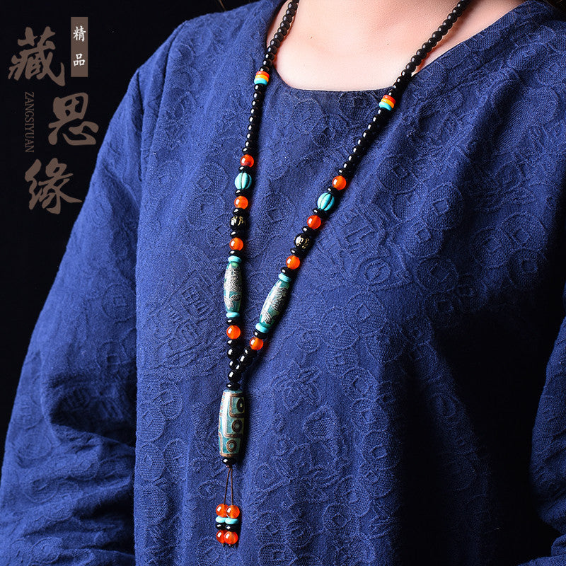 Tibetan Nine-Eyed Dzi Bead Pendant with Prayer Beads - ZENHIMA