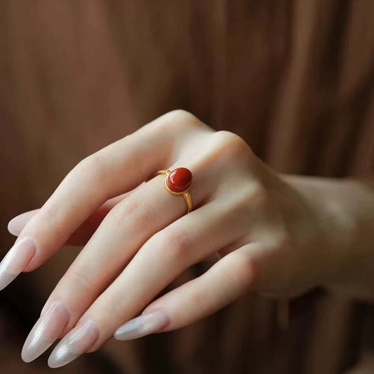 Women’s South Red Agate (Nanhong) Adjustable Ring – Chinese Zodiac Inspired, Pigeon Egg Style - ZENHIMA