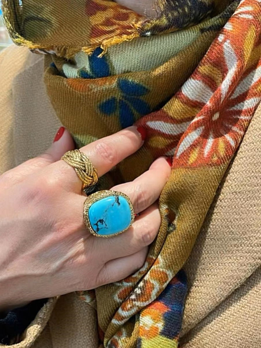 Turquoise and Pink Stone Vintage-Style Gem Ring - ZENHIMA