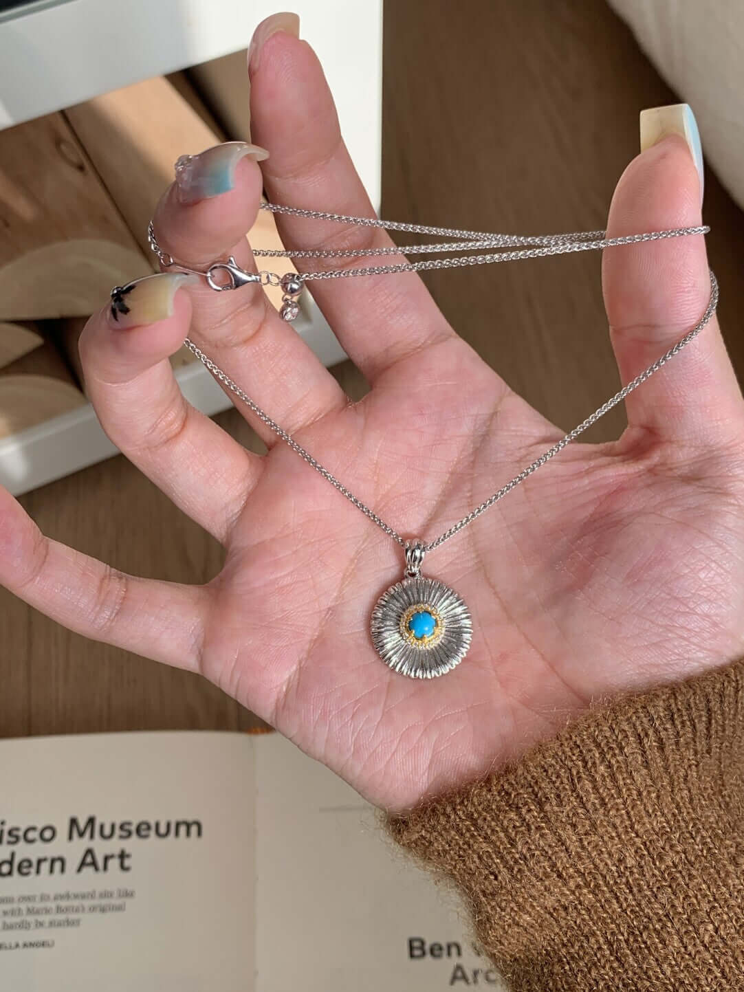 S925 Silver Pendant Necklace with Daisy and Turquoise - ZENHIMA