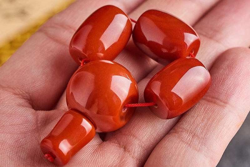 Tibetan Bodhi Prayer Beads with Red Agate Buddha Head and Persimmon-Red Guru Bead - ZENHIMA