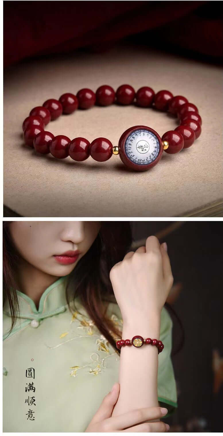 ZenHima Tibetan Natural Cinnabar Mantra Bracelet with Green Tara, Medicine Buddha, Guanyin & Shurangama Sutra Protection - ZENHIMA