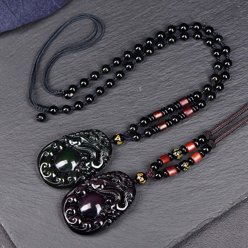 Natural Rainbow Eye Obsidian Dragon Ball Pixiu Pendant Necklace for Men and Women Vintage Trendy - ZENHIMA
