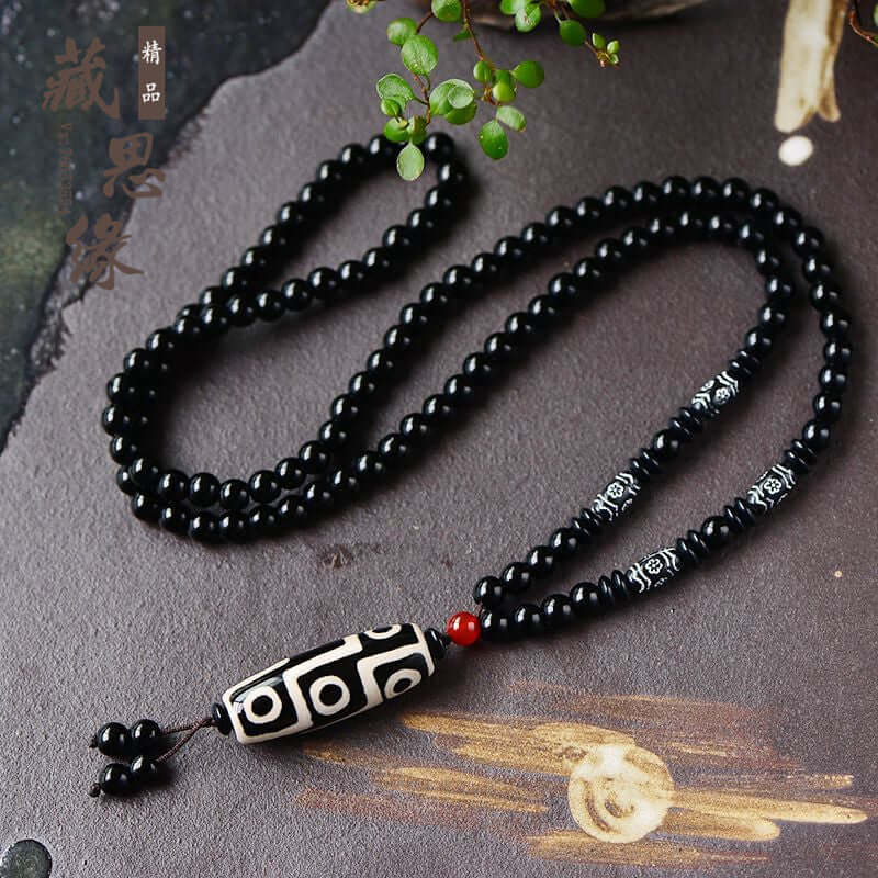 Tibetan Nine-Eyed Dzi Bead Pendant with Prayer Beads - ZENHIMA