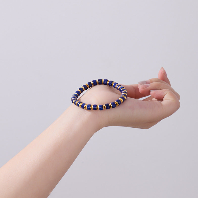 Natural Lapis Lazuli Barrel Bead Bracelet S925 Silver Straight Cut Tablet