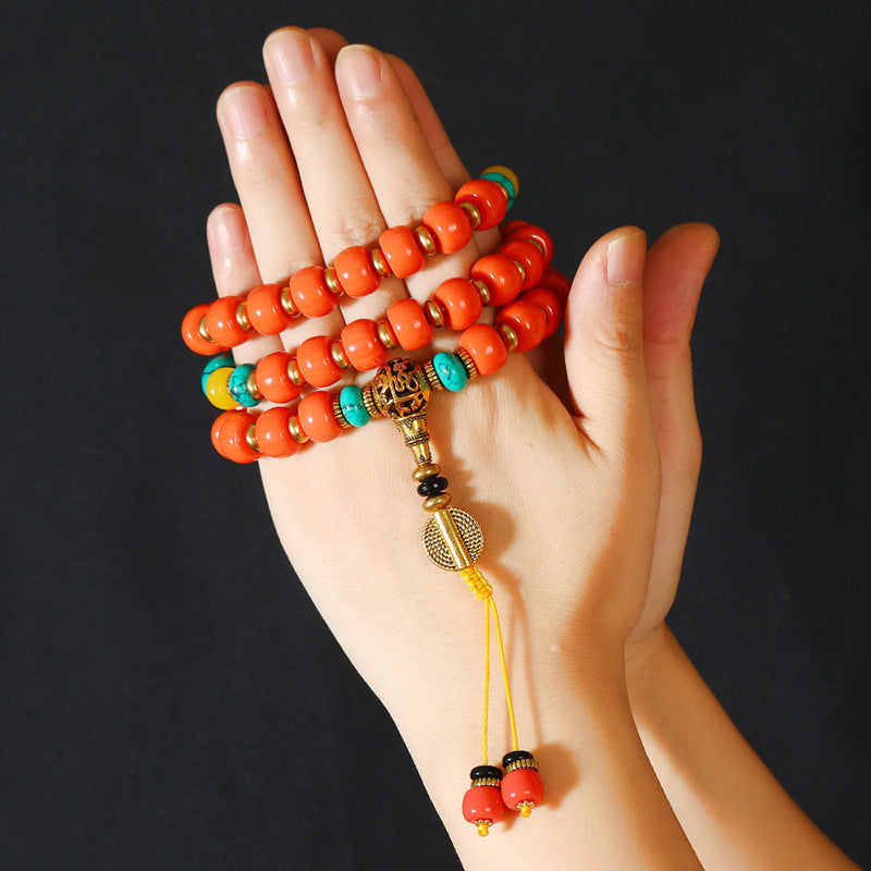 Tibetan Turquoise and South Red Agate Prayer Beads Bracelet - ZENHIMA