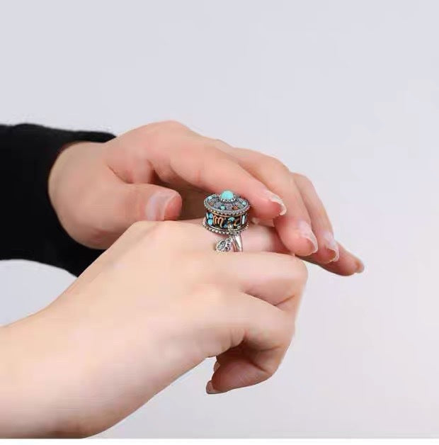 ZenHima Vintage Ethnic Six-Word Mantra Prayer Wheel Silver Ring - ZENHIMA
