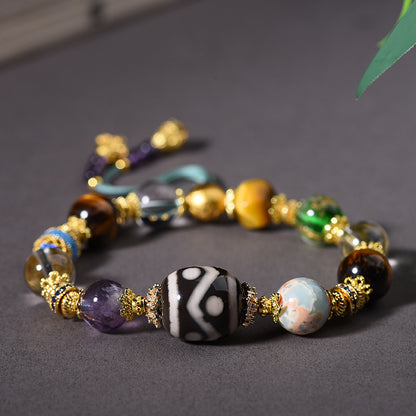 Original Design Dzi Bead Multi-Gem Bracelet with Amethyst Tiger Eye Stone