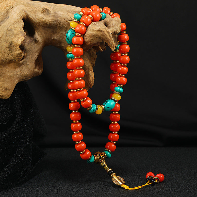 Tibetan Turquoise and South Red Agate Prayer Beads Bracelet - ZENHIMA