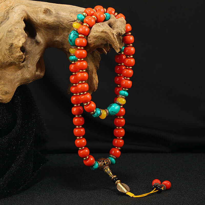 Tibetan Turquoise and South Red Agate Prayer Beads Bracelet - ZENHIMA