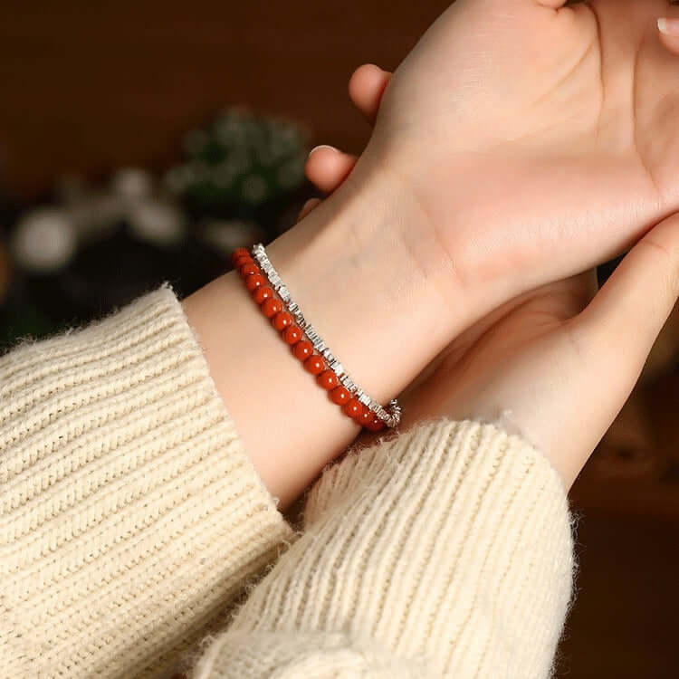 Natural Liangshan Nanhong Agate Single-Strand Bracelet – Small Beads, Cherry Red, Unisex - ZENHIMA