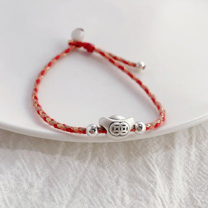 925 Silver Yuanbao Bracelet – Colorful Persimmon Orange Braided Stretch Bracelet