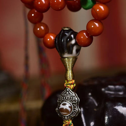 Natural Red Agate Tibetan Necklace with Dzi Beads and Wealth God Cloud Charm - ZENHIMA