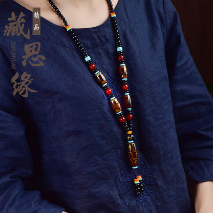 Tibetan Nine-Eyed Dzi Bead Pendant with Prayer Beads - ZENHIMA