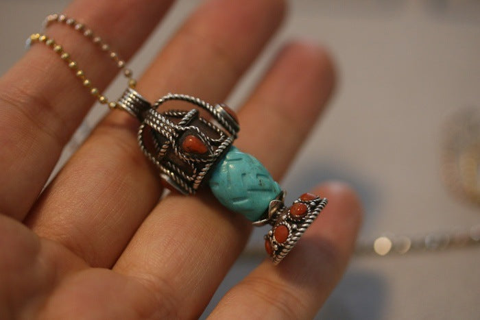 Tibetan Handmade Gau Box Pendant Necklace with Turquoise, Ruby and Silver - ZENHIMA