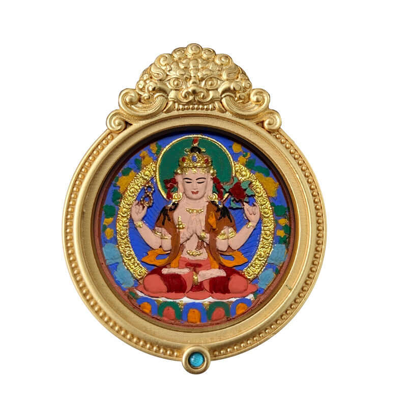 ZenHima Hand-painted Zakiram White Tara Mahasthamaprapta Yellow Wealth Rubbing Thangka Pendant - ZENHIMA