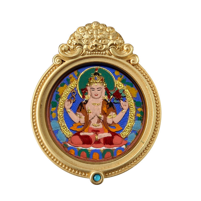 ZenHima Hand-painted Zakiram White Tara Mahasthamaprapta Yellow Wealth Rubbing Thangka Pendant - ZENHIMA