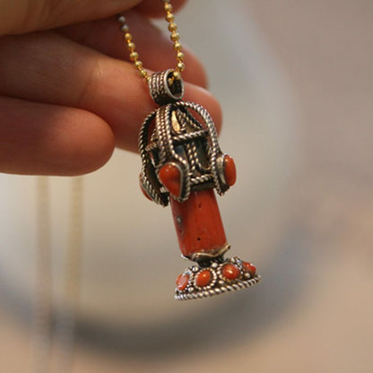 Tibetan Handmade Gau Box Pendant Necklace with Turquoise, Ruby and Silver - ZENHIMA