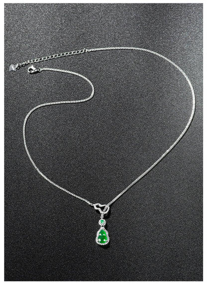 ZenHima Natural Jadeite Gourd Pendant – Vivid Green, S925 Silver Inlaid Ice Jade - ZENHIMA